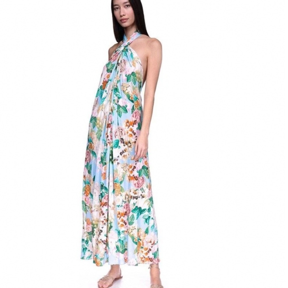 Cara Cara Dress Marion Blue Floral Maxi Twist Halter‎ Neck Backless Open Back XL